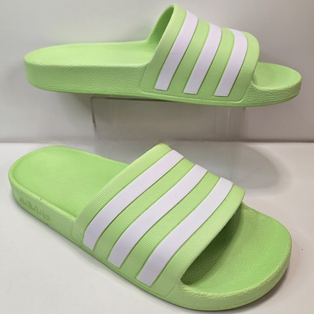 Adidas Neon Green Slides with White Stripes
